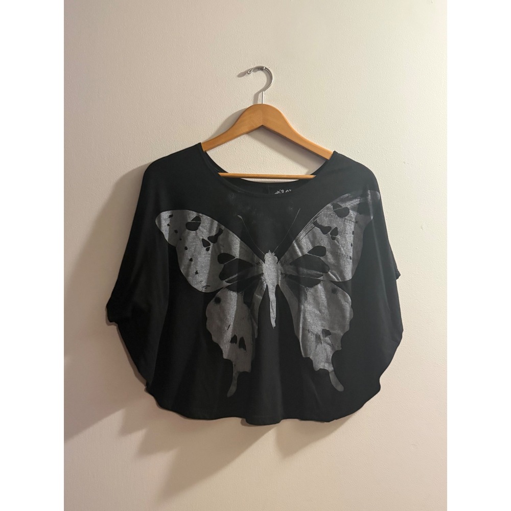 L.O.L. Vintage Black Silver Butterfly Graphic Dolman Sleeve Top Small
